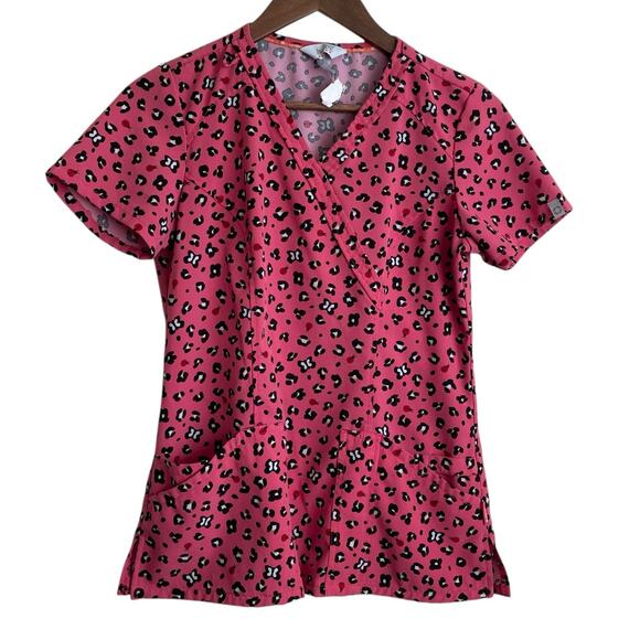 Code Happy Scrubs Women Top S Pink Cheetah‎ Medical Uniform Nurse Workwear - Picture 1 of 8